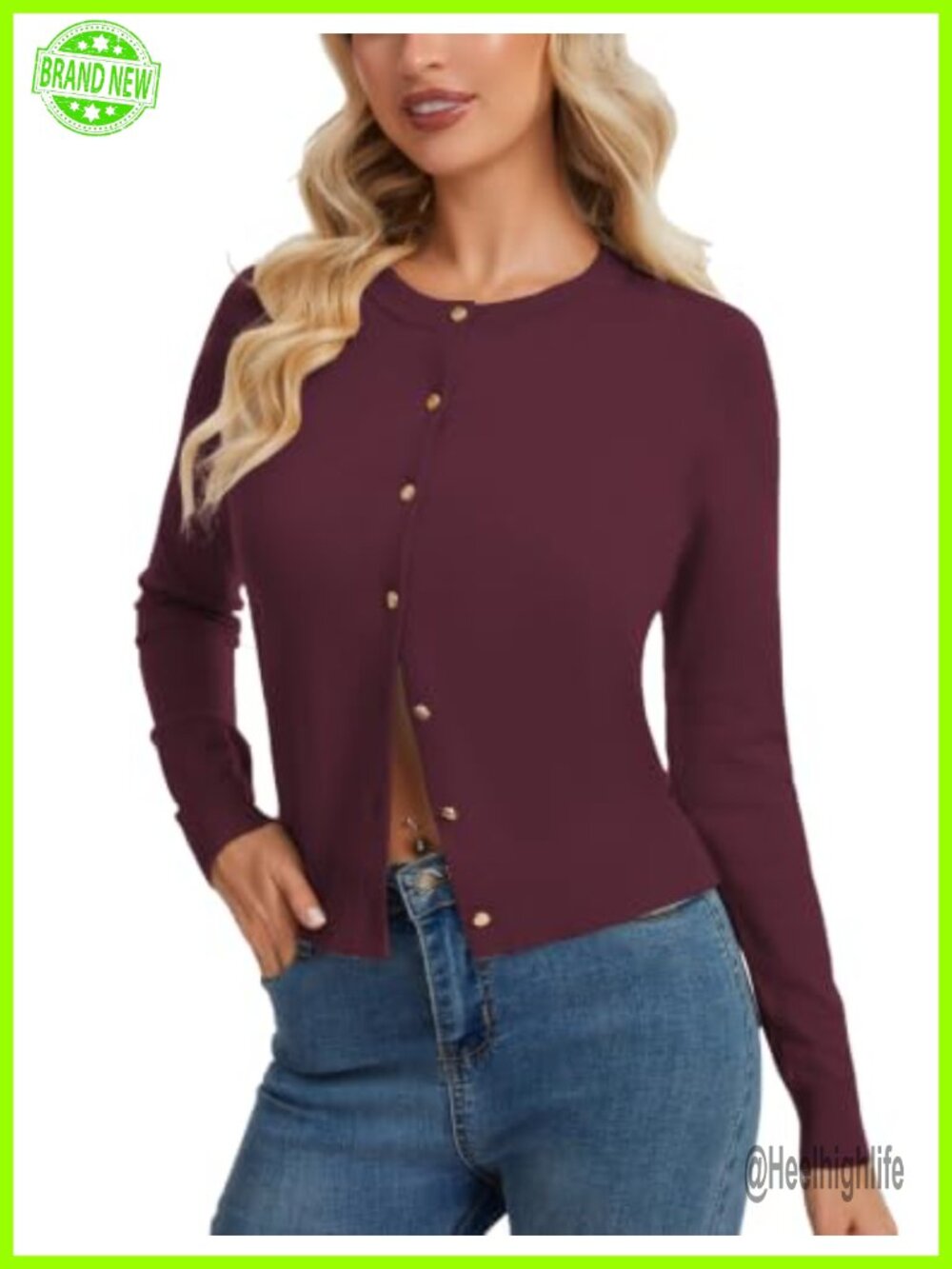 Women's Cropped Cardigan Lightweight Knit Long Sleeve Button Down Gold-Tone